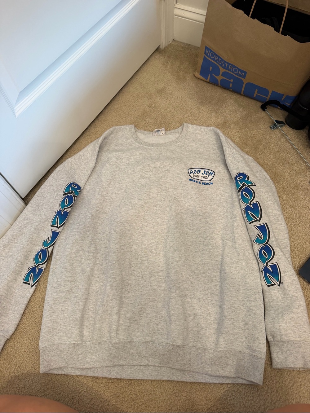Ron Jon Light Gray Crewneck Sweatshirt with Blue Sleeve Logos